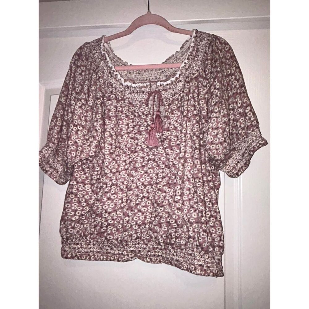 Lucky brand dusty rose floral boho peasant cotton top shirt blouse woman's XL